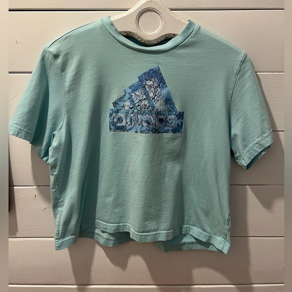Adidas Crop T-Shirt – Blue Graphic Logo, Mint Green, Size M - Picture 1 of 8